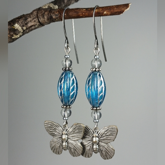 HAND CRAFTED Silver Butterfly Blue Artisan Glass Boho Vintage Style Earrings - Picture 2 of 6